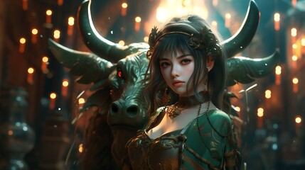 Wall Mural - fantasy anime girl with zodiac chinese ox head, with black hairs