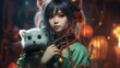 fantasy anime girl with zodiac chinese rat head, with black hairs