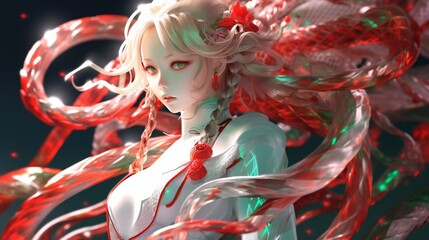 Wall Mural - full-body Shot of generative ai art of blonde anime girl with red snake head