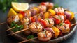 A platter of freshly grilled seafood skewers with vibrant vegetable accompaniments