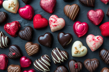 Wall Mural - Love and relationship concept - close up of heart shape chocolate candies. Set with delicious heart shaped chocolate candies on black background. Beautiful heart shaped chocolate candies, flat lay