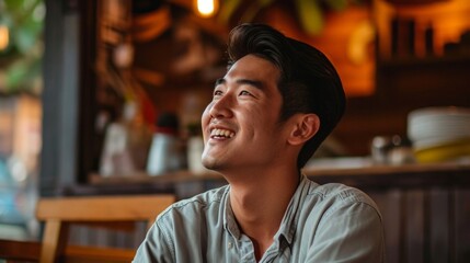 a man smiling looking up