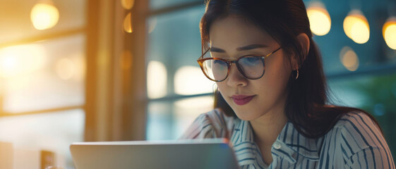 Wall Mural - focused and poised, a woman engages in remote work, the soft glow of the screen illuminating her ded