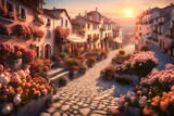 Fototapeta Uliczki - A 3D wallpaper of a sunrise, with pearl flowers on terraces and streets reflecting the new day's light. 8k
