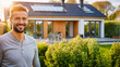 Denmark, Copenhagen: Happy Smiling Home Owner or Gardener Standing in Front of Modern Eco House, Home Ownership, Real Estate Buying, Sustainable Living, Future Housing.