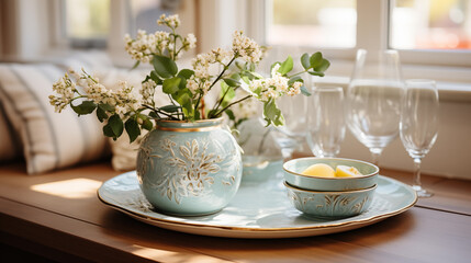 The home still-life on the window - a bouquet of delicate white flowers, green leaves in a vase, a blue bowl, and a tall drinking glass. Cozy home interior.