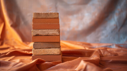 Sticker - Earthen bricks piled on a rich orange fabric, contrasting textures.