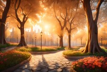 A 3D Mural Of A European Park At Sunrise, Where Pearl Flowers Under Trees Are Bathed In Soft, Golden Sunlight. 8k