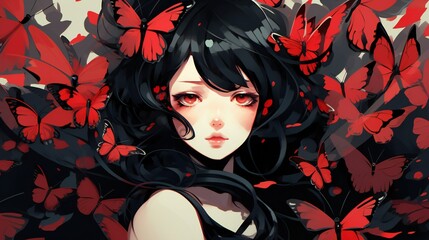 Wall Mural - generative ai art of anime girl with butterflies