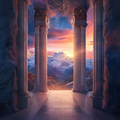 Wall Mural - a stone archway with pillars and mountains in the background