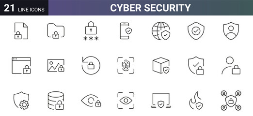 Aufkleber - Security line icons Data protection symbol. Cyber security icon set, password, secured, privacy, locked, unlock, file, pin code, firewall, scan eye, fingerprint, Shield check mark icon. Vector element