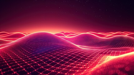 Wall Mural - Abstract wave made out of grids that are seen from a cinematic view of one of the holy geometry shapes, the shape is clearly animated, clear neon lines, 3d render, nothingness.