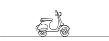 Continuous One Line Drawing Scooter Transport Icon. Modern Scooters Motorcycle For Urban Citizen. Cute Stylish Vintage Retro Scooter For Delivery. Single Line Draw Design Vector Graphic Illustration