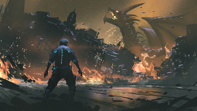 A man standing and looking at a giant dragon destroy a futuristic city, digital art style, illustration painting 