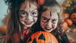 little girls with halloween make up, children celebrating hallow