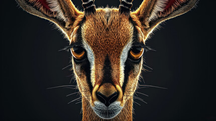Wall Mural - a close up of a goat's face on a black background with a red spot in the middle of the goat's ear.