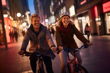 Poster - A man and woman riding bicycles on a city street. Generative AI.