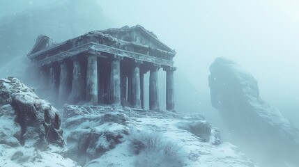  Mystical ancient temple among snow-capped mountains, shrouded in fog - a scene of serenity and mystery