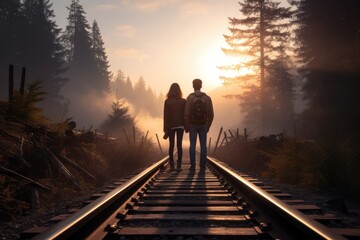 Poster - A couple walking on a railroad track at sunset. Generative AI.