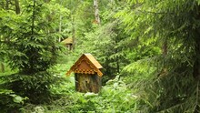 Small House From Tree Trunk And Carved Roof On Izmailovo Apiary