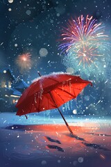 Wall Mural - At night, a red umbrella is opened and placed on the ground. Snow falls on the umbrella, and fireworks light up the night sky while it snows.