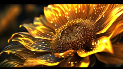 Canvas Print -  a close up of a yellow sunflower with water droplets on it's petals and a blue sky in the background.