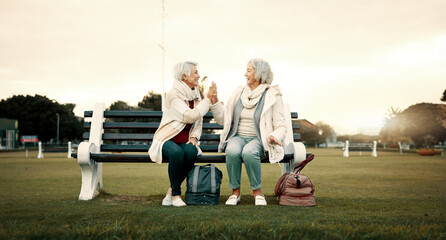 Sticker - Relax, high five and friends with old women on park bench for freedom, support and health. Retirement, happiness and celebration with senior people walking in outdoors for wellness, peace and calm