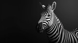 Fototapeta Konie -  a black and white photo of a zebra's head in the middle of the frame with a black background.