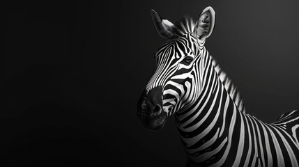 Poster -  a black and white photo of a zebra's head in the middle of the frame with a black background.