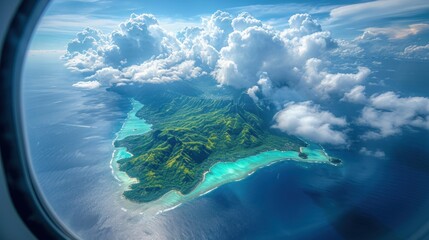  an aerial view of a small island in the middle of the ocean with clouds in the sky over the water.