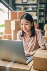 Sticker - A woman sitting in front of a laptop computer. Suitable for technology and remote work concepts