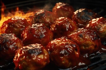 Wall Mural - Close up shot of meatballs cooking on a grill. Perfect for food enthusiasts and barbecue lovers