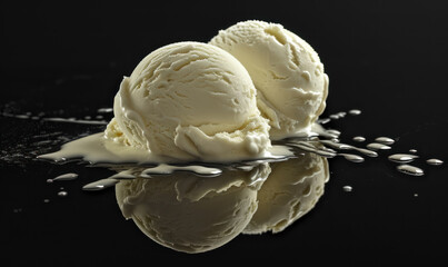 Wall Mural - melting vanilla ice cream scoops on reflective surface