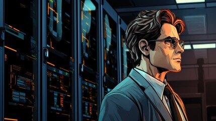 Wall Mural - A professional man in a suit and tie standing in a server room. This image can be used to represent technology, business, data management, or cybersecurity