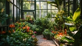 Fototapeta Storczyk - Explore the vibrant oasis of a lush greenhouse teeming with a colorful array of plants and flowers. Be captivated by nature's beauty.