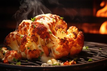 Wall Mural - A cooked cauliflower on a grill with a fire in the background. Perfect for recipes, healthy eating, and outdoor cooking