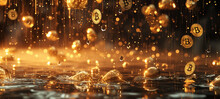 A Cascade Of Golden Rain Descends Upon A Digital Landscape, Where Droplets Morph Into Bitcoin Symbols Upon Impact