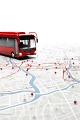 Sticker - A red bus is depicted on a map with pins marking various locations. This image can be used to illustrate travel, transportation, and exploration themes