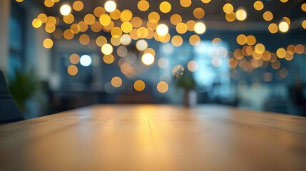 Blurred bokeh view of a modern open space office with a wooden surface in the foreground