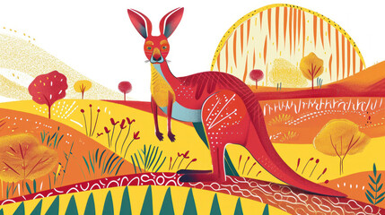 Poster -  a painting of a kangaroo in the middle of a field with trees and a ferris wheel in the back ground.