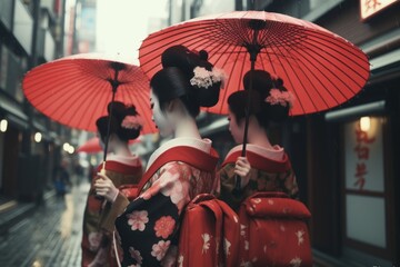 Poster - A group of women dressed in traditional kimono walking down a street. Perfect for cultural events or travel-related content