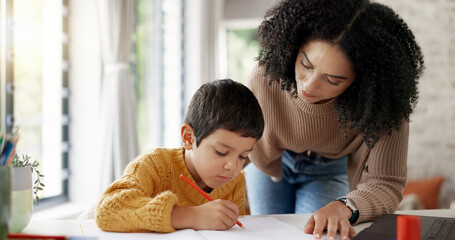 Wall Mural - Homework, learning and help with mother and son for homeschooling, research and math. Education, study and teaching with woman and kid in family home for child development, writing and knowledge