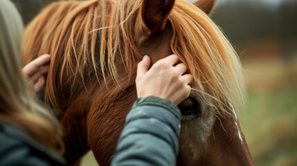 Poster -  a close up of a person petting a horse's head with a horse's bridle.