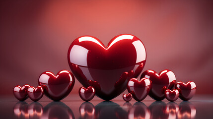 3D Shiny red hearts on pink background, Valentine's day holiday