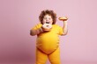 Funny fat girl with curly hair in yellow t-shirt and yellow pants is holding donuts on pink background. Child with obesity. Overweight and obesity concept. Obesity Concept  