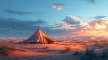  A Teepee Sitting In The Middle Of A Desert With A Sunset In The Background And Clouds In The Sky.