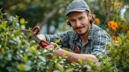 A young handsome gardener trims a boxwood bush with large garden scissors