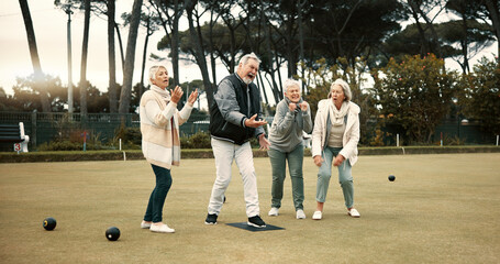 Poster - Senior man, team and bowling on grass with miss, fail or support for fitness, sport or game in retirement. Teamwork, group and elderly women with metal ball, exercise or kindness for training on lawn