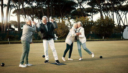 Wall Mural - Bowls, high five and celebration with senior friends outdoor, cheering together during a game. Motivation, support or applause and a group of elderly people cheering while having fun with a hobby