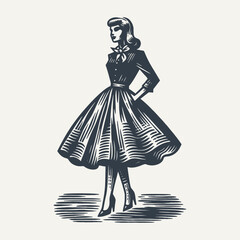 Wall Mural - Retro Girl in a Dress standing. Vintage woodcut engraving style vector illustration. 